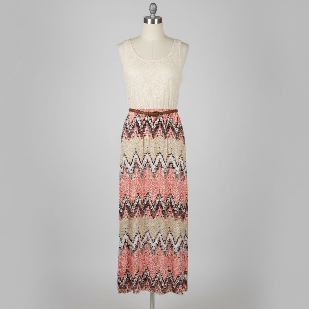 Boho Chevron Maxi Dress Lace Bodice Coral Tribal Print Belted 3X